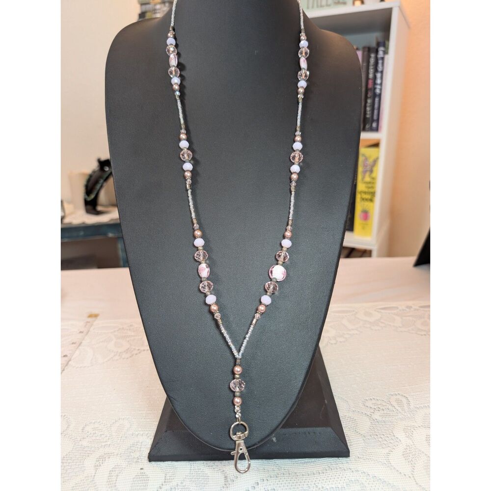 Pink Beaded Badge Lanyard ID Holder Key Chain Necklace Swivel Clasp